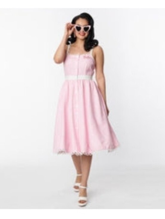 Unique Vintage Dresses & Skirts - Hey BARBIE!!     Pink Retro Button-Front Sundress with White Waist